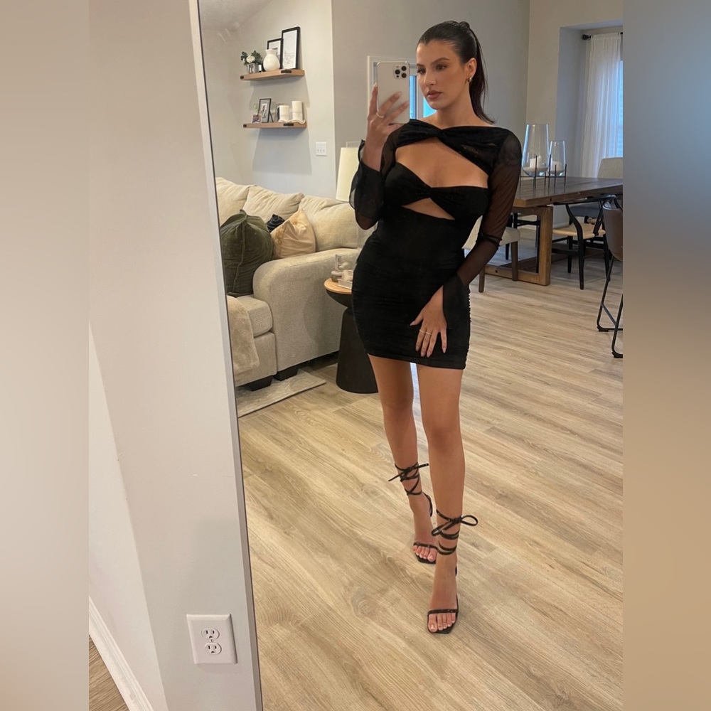 Black Oh Polly mini dress with mesh sleeves